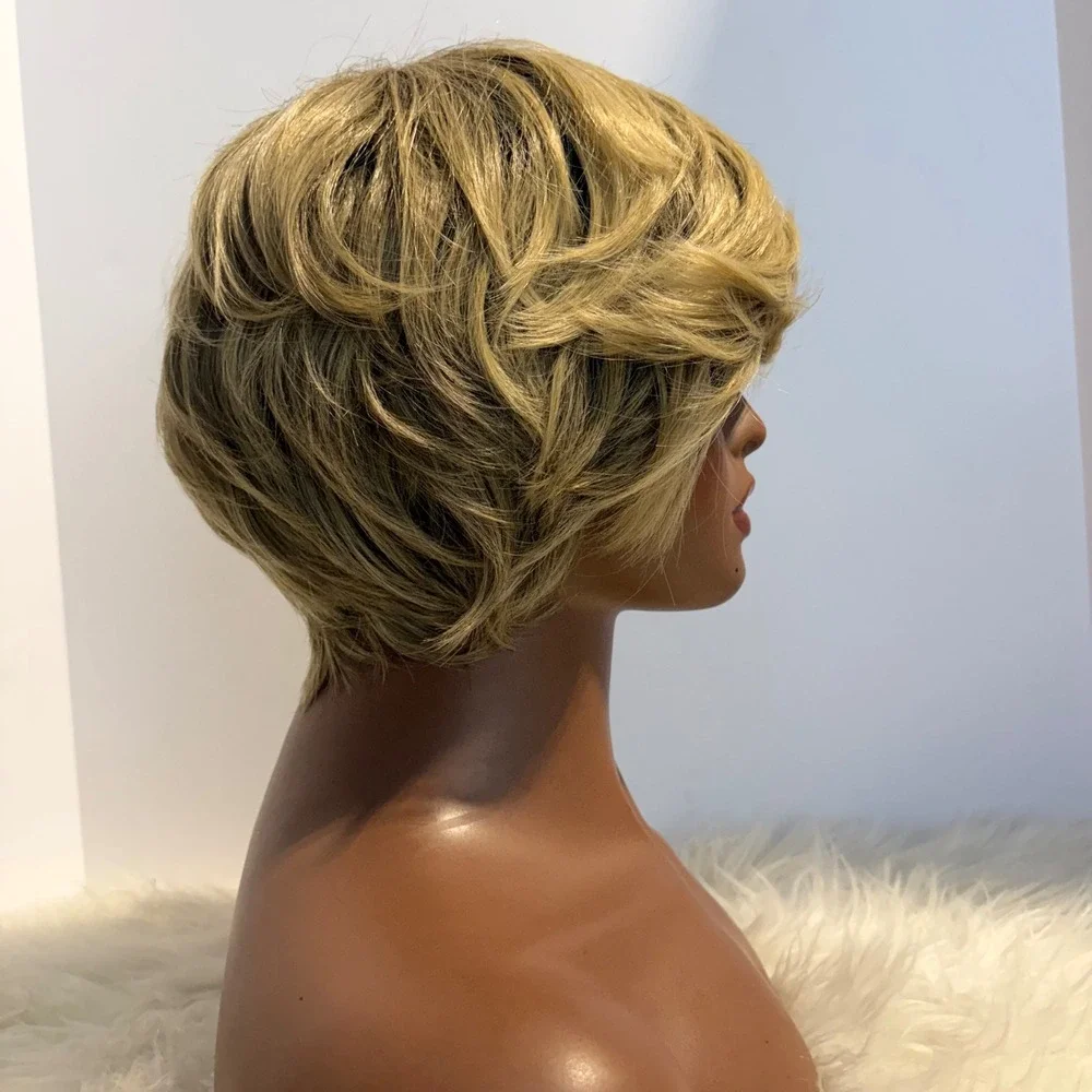 Womens Blonde Short Pixie Cut Bob Wig Side Swept Bangs Layered Hairpiece